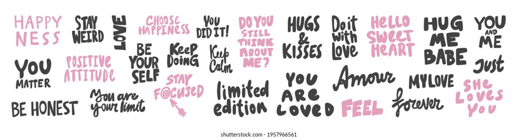 Vector hand drawn collection set of calligraphy lettering quotes and words. Pink and black color