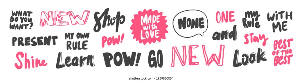 Vector hand drawn collection set of calligraphy lettering quotes and words. Pink and black color