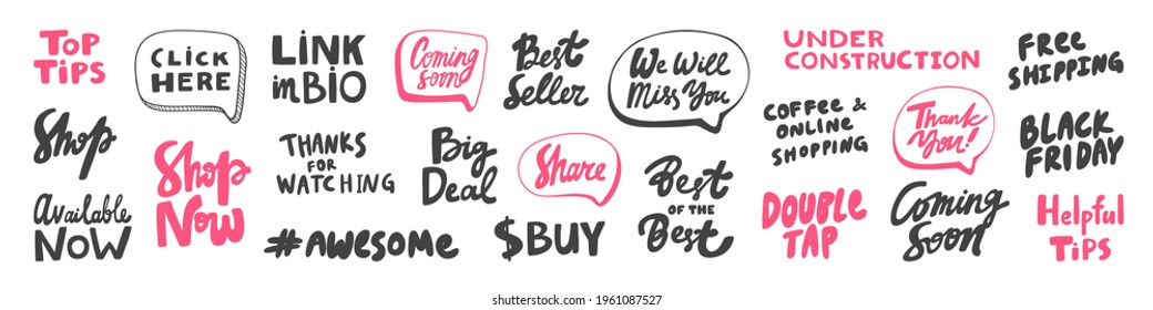 Vector hand drawn collection set of calligraphy lettering quotes and words. Pink and black color