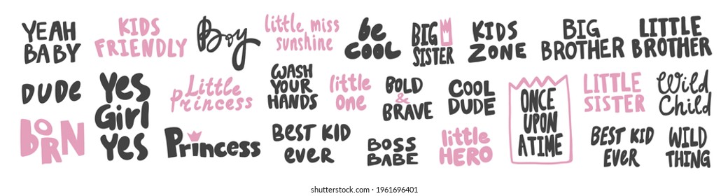 Vector hand drawn collection set of calligraphy lettering quotes and words. Pink and black color