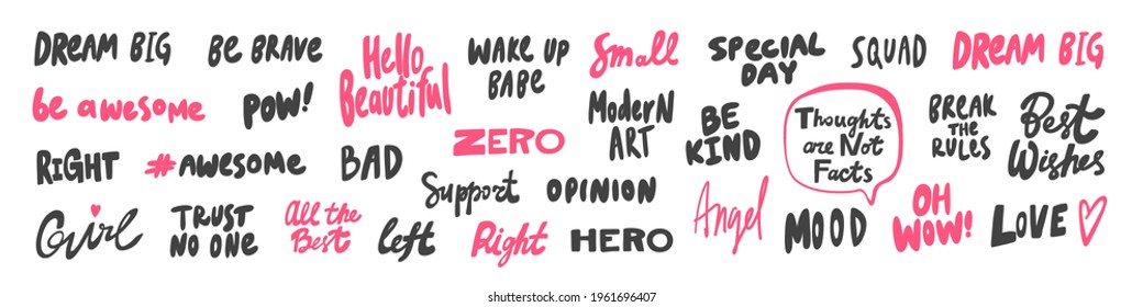 Vector hand drawn collection set of calligraphy lettering quotes and words. Pink and black color