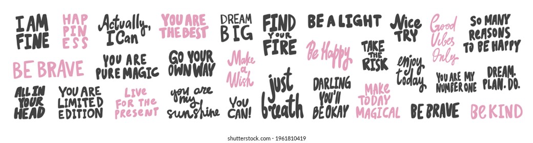 Vector hand drawn collection set of calligraphy lettering quotes and words. Pink and black color