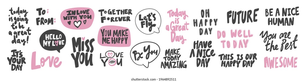 Vector hand drawn collection set of calligraphy lettering quotes and words. Pink and black color