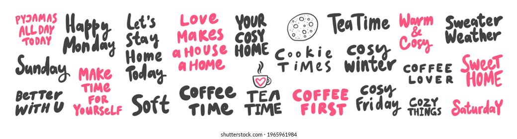 Vector hand drawn collection set of calligraphy lettering quotes and words. Pink and black color