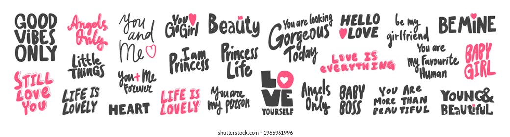 Vector hand drawn collection set of calligraphy lettering quotes and words. Pink and black color
