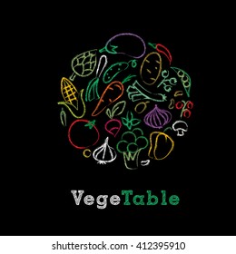 colección de verduras extraídas a mano en pizarra con tiza