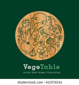 vector hand drawn collection of vegetables on wooden table