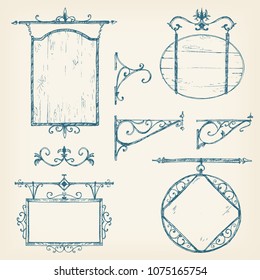 Vector hand drawn collection of vintage signboards, bracket and decorations. Sketchy engraving style of illustration. Isolated old town set. 