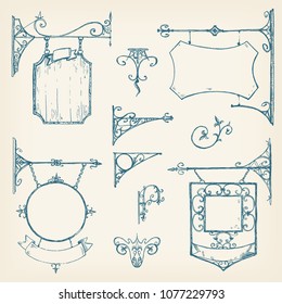 Vector hand drawn collection of vintage signboards, bracket and decorations. Sketchy engraving style of illustration. Isolated old town set. 