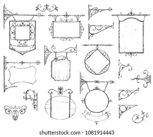 Vector hand drawn collection of vintage signboards, bracket and decorations. Sketchy engraving style of illustration. Isolated old town set.