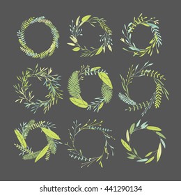 Vector hand drawn collection of wreath vector frames. Simple drawings of plants. Cute hipster wreaths.
