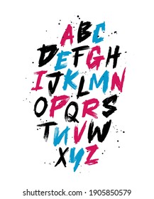 Vector Hand Drawn Color Alphabet Font. Brush painted letters. Lettering.