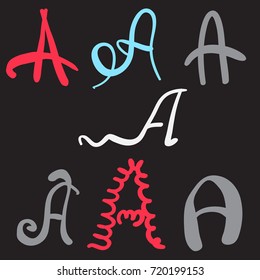  Vector hand drawn  color alphabet set. Doodle style font for decor and web design. Letter A