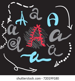  Vector hand drawn  color alphabet set. Doodle style font for decor and web design. Letter A