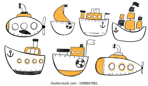 Vector hand drawn color baby set with cute funny boats. Submarine boat. Sketch. Sea. Children's design. Scandinavian style. Cartoon ship set.