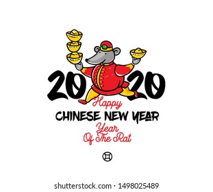 Vector hand drawn color banner with a illustration of Rat zodiac sign, symbol of 2020 on the Chinese calendar.Mouse in traditional Chinese costume, gold ingots with New Year greetings in Chinese style