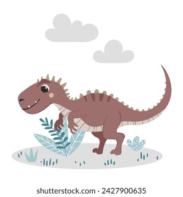 
Ilustración de los niños del color dibujado a mano del vector, póster, impresión con el dinosaurio lindo en estilo escandinavo sobre fondo blanco.