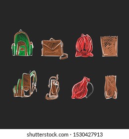 Vector hand drawn color doodle bags refrence set on dark background 