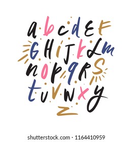 Vector hand drawn color font, letters set. ABC, alphabet. Clipart, isolated vector letters and decor elements