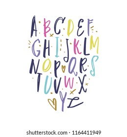 Vector hand drawn color font, letters set. ABC, alphabet. Clipart, isolated vector letters and decor elements