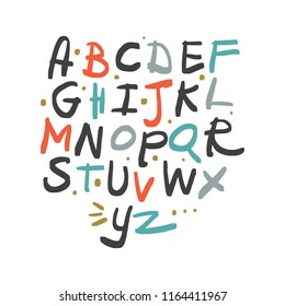 Vector hand drawn color font, letters set. ABC, alphabet. Clipart, isolated vector letters and decor elements