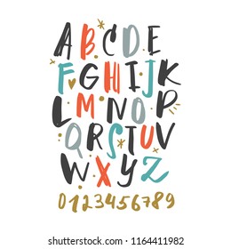 Vector hand drawn color font, letters set. ABC, alphabet. Clipart, isolated vector letters and decor elements