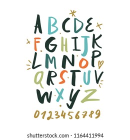 Vector hand drawn color font, letters set. ABC, alphabet. Clipart, isolated vector letters and decor elements