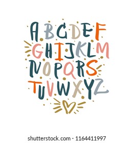 Vector hand drawn color font, letters set. ABC, alphabet. Clipart, isolated vector letters and decor elements