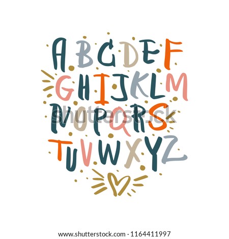 Vector hand drawn color font, letters set. ABC, alphabet. Clipart, isolated vector letters and decor elements