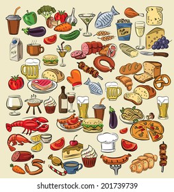 vector hand drawn color food on white