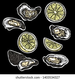 Vector hand drawn color illustration of oysters and lemons isolated on black background.