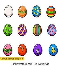 Vector hand drawn color illustration of easter eggs isolated on white background. Collection of graphic linear egg, sketch. Linear art in vintage style of easter set for design.