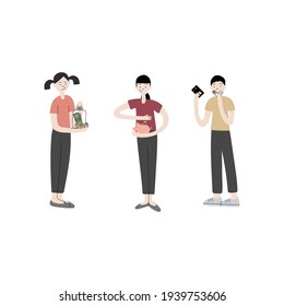 Ilustración de color dibujada a mano por vectores con un presupuesto de planificación para niños y niñas aislados en blanco. Educación en finanzas infantiles, seguridad financiera para los niños, ahorro de dinero 