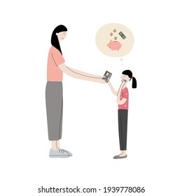 Vektorgrafik von Hand gezeichnete farbige Illustration von Mutter, die Tochter Bankkarte, um Geld zu sparen, einzeln auf Weiß. Bildung für Kinderfinanzierung, finanzielle Sicherheit, Haushaltsplanung für Kinder