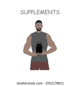 Vector hand drawn color illustration isolated on white background. Muscular strong fitness black man with thumb up and bank of nutrition sport protein supplements