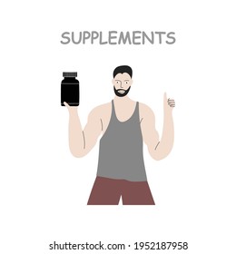 Vector hand drawn color illustration isolated on white background. Muscular strong fitness man with thumb up and bank of nutrition sport protein supplements