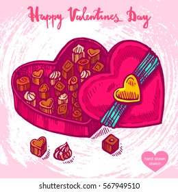 Vector hand drawn color illustration of gift box,text Happy Valentines Day on background with abstract paper texture.Heart shaped box with chocolate,sketch.Linear art in vintage style for design.