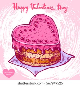 Vector hand drawn color illustration of heart shaped cake,text Happy Valentines Day on background with abstract paper texture.Valentines food sketch.Wedding cake.Linear art in vintage style for design