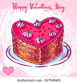 Vector hand drawn color illustration of cake on the plate,text Happy Valentines Day on background with abstract paper texture.Valentines dinner sketch.Linear art in vintage style for design.