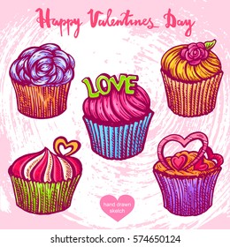 Vector hand drawn color illustration of cupcakes, text Happy Valentines Day on background with abstract paper texture.Valentines dinner, valentines food sketch. Linear art in vintage style for design.
