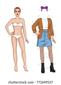 Vector hand drawn color illustration of a girl in the underwear is standing in front. Paper doll of a girl in 90s fashion style. Set of woman clothes with hairstyle  isolated from background