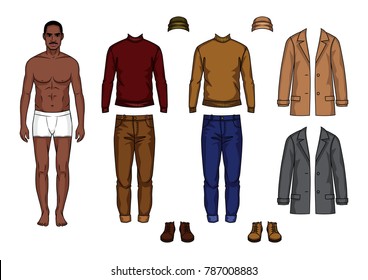 Vector hand drawn color illustration of an African american guy in the underwear is standing in front. Paper doll of dark skin man with clothes  isolated from background