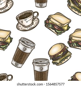 Vector hand drawn color seamless pattern of latte and americano in the engraving vintage style on white background.