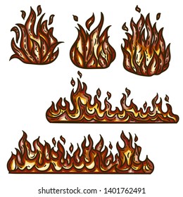 Vector hand drawn color set of fire isolated on white background.