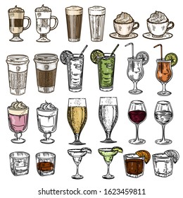 Vector hand drawn color set of cocktails   and coffee on white background.