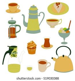 Vector hand drawn color set - tea pot, sweets, cake, cup, ice-cream.Teatime backdrop.