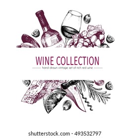 Vector hand drawn color template illustration of wine and appetizers. Bottle, glass, corksrew, cheese, fruits ans spices. Vintage engraved style art. For restaurant, menu, shop, market, sale. 