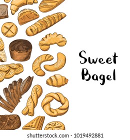Vector hand drawn colored bakery elements illustration with place for text. Sweet bagel