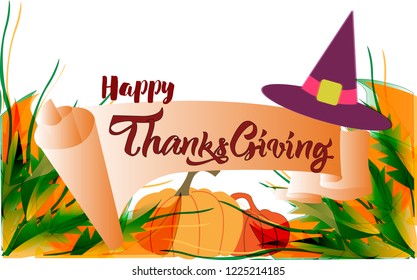 Vector hand drawn colored chalk lettering Thanksgiving day typography poster