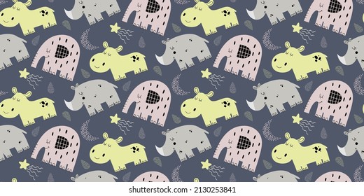 Vector hand drawn colored childish seamless repeat simple flat pattern with hippos, elephant, rhinoceros in scandinavian style on purple background. Pattern with cute animals.